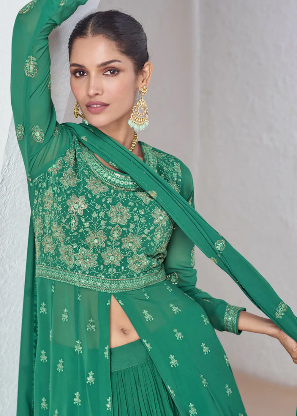 Green Front Slit Embroidered Lehenga Skirt Suit