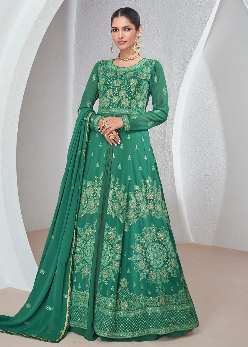 Green Front Slit Embroidered Lehenga Skirt Suit