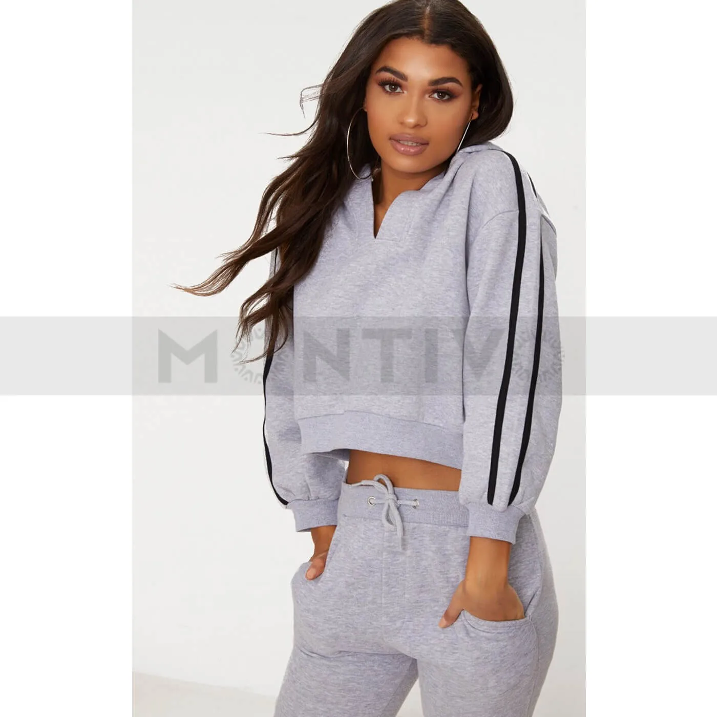 Grey Marl Crop Sport Stripe Hoodie