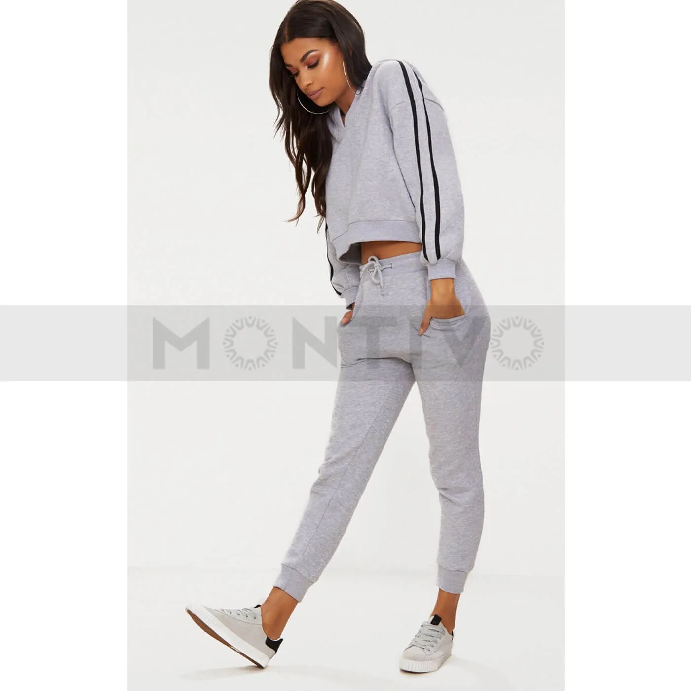 Grey Marl Crop Sport Stripe Hoodie