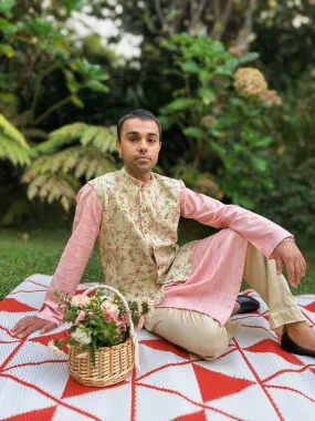 Gulaab Salmon Pink Kurta Pyjama Set with Nehru Jacket