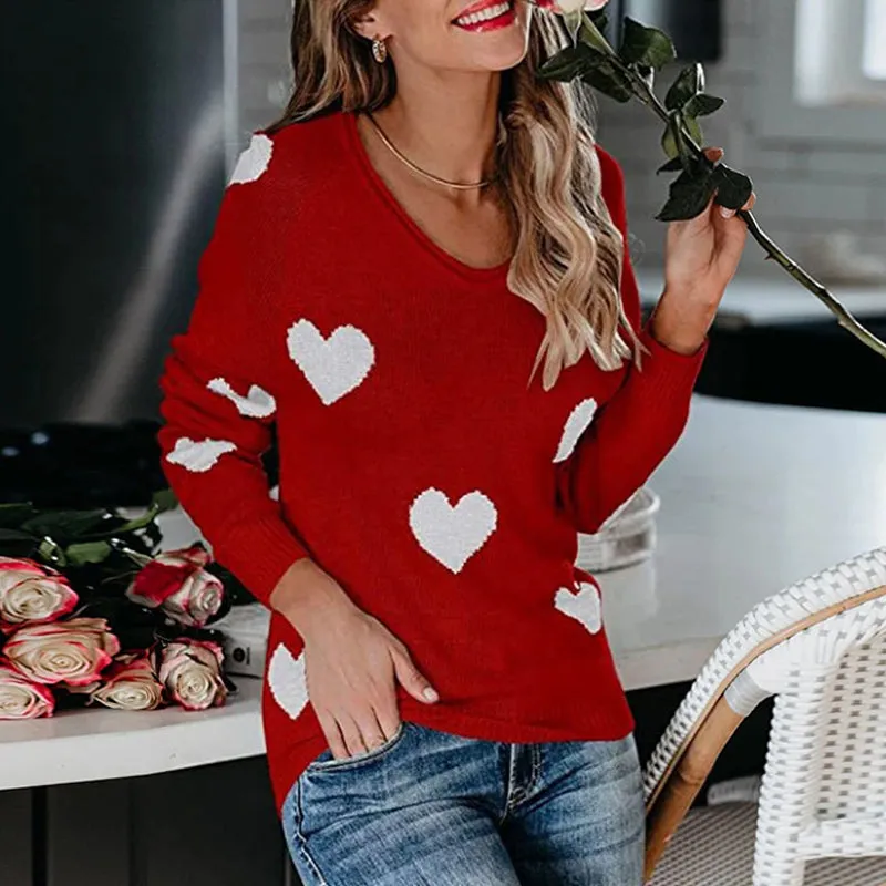 Heart V-Neck Knit Long Sleeve Sweater