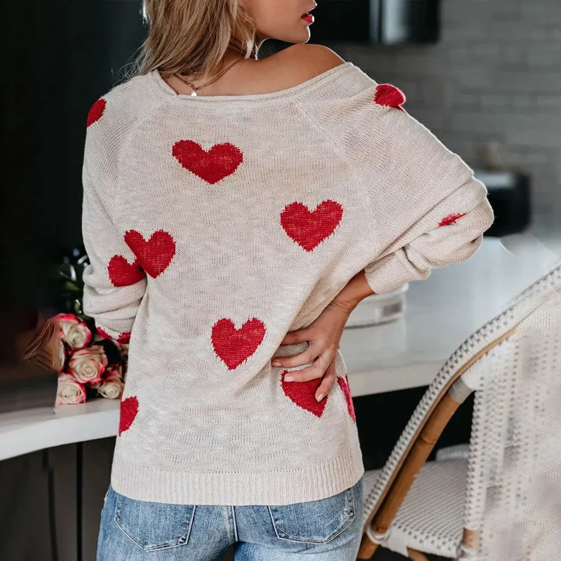 Heart V-Neck Knit Long Sleeve Sweater