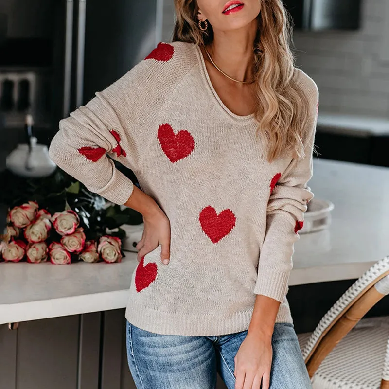 Heart V-Neck Knit Long Sleeve Sweater