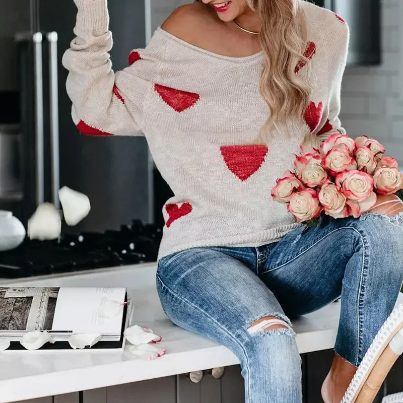 Heart V-Neck Knit Long Sleeve Sweater