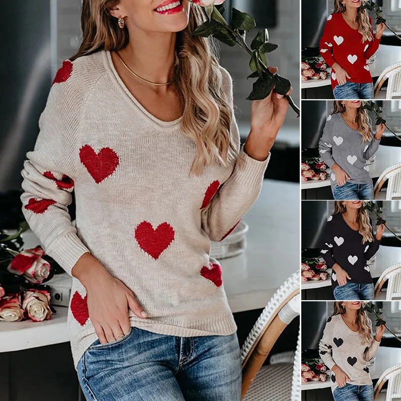 Heart V-Neck Knit Long Sleeve Sweater