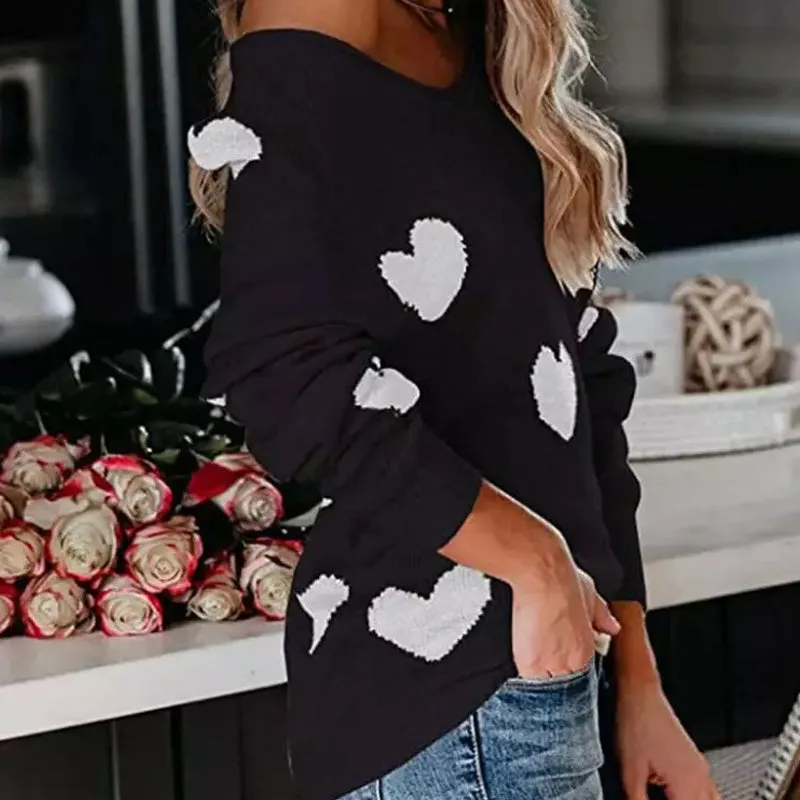 Heart V-Neck Knit Long Sleeve Sweater