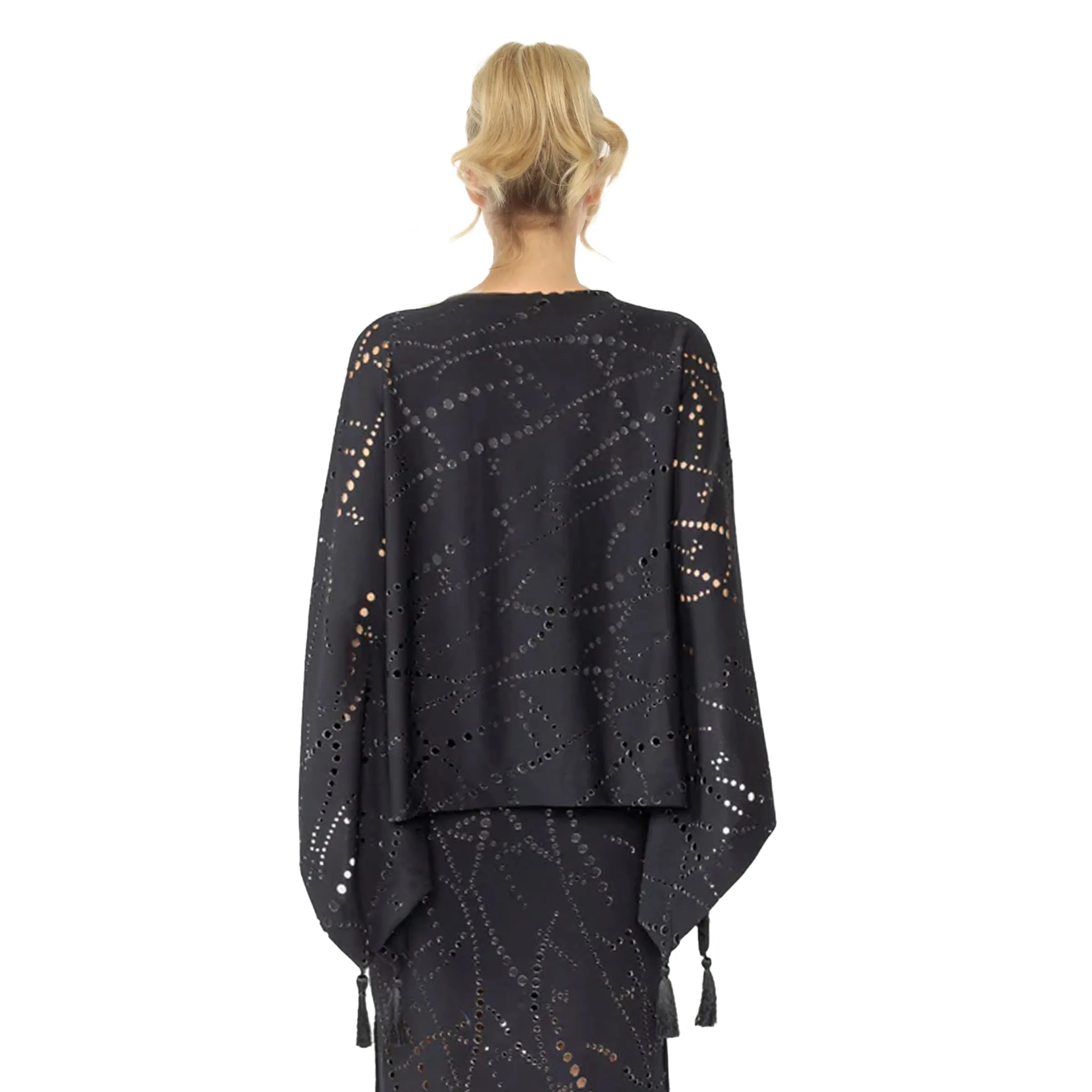 IC Collection Laser Cut Poncho Top W/ Tassels in Black - 4647T-BK