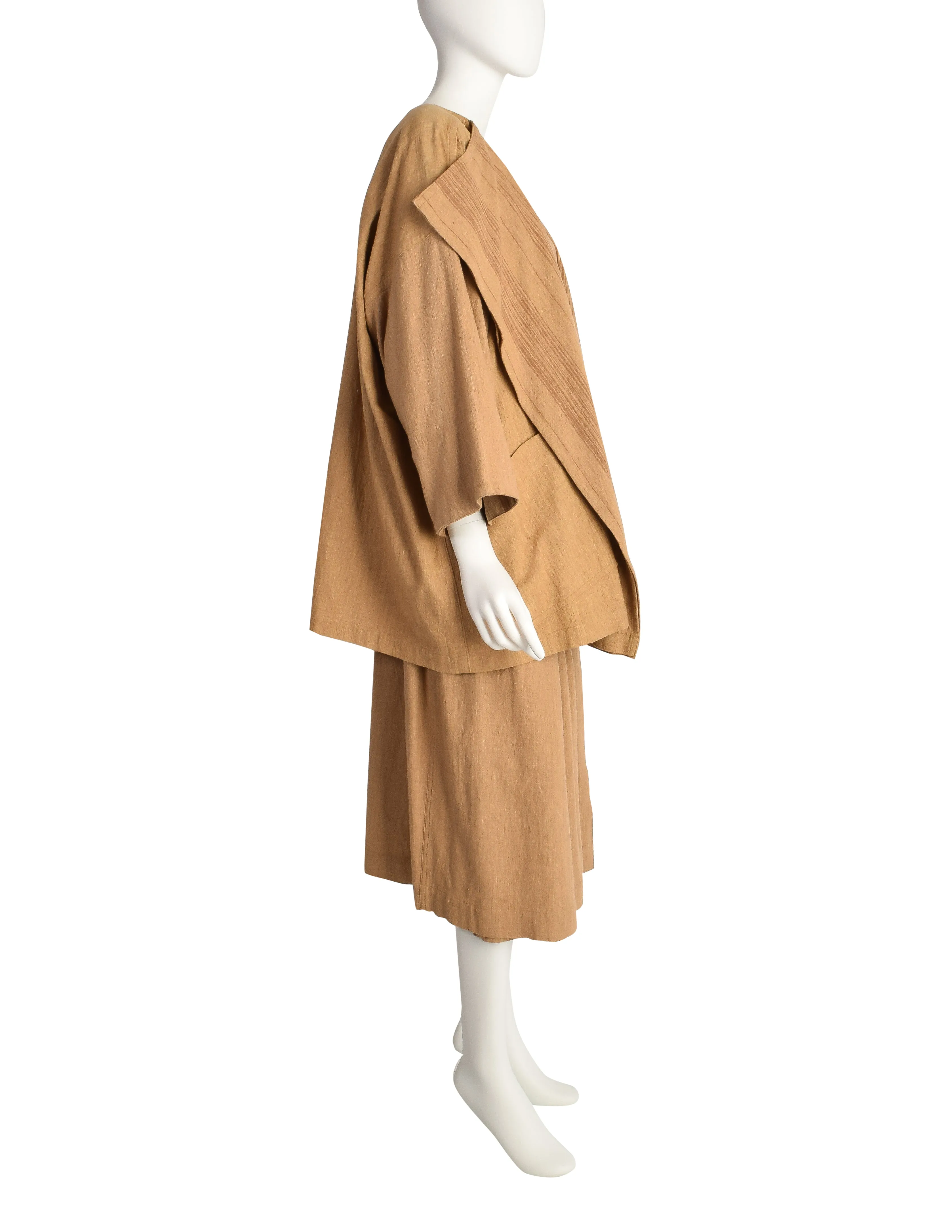 Issey Miyake Plantation Vintage Brown Striped Oversized Jacket Top and Skirt 3 Piece Ensemble Set