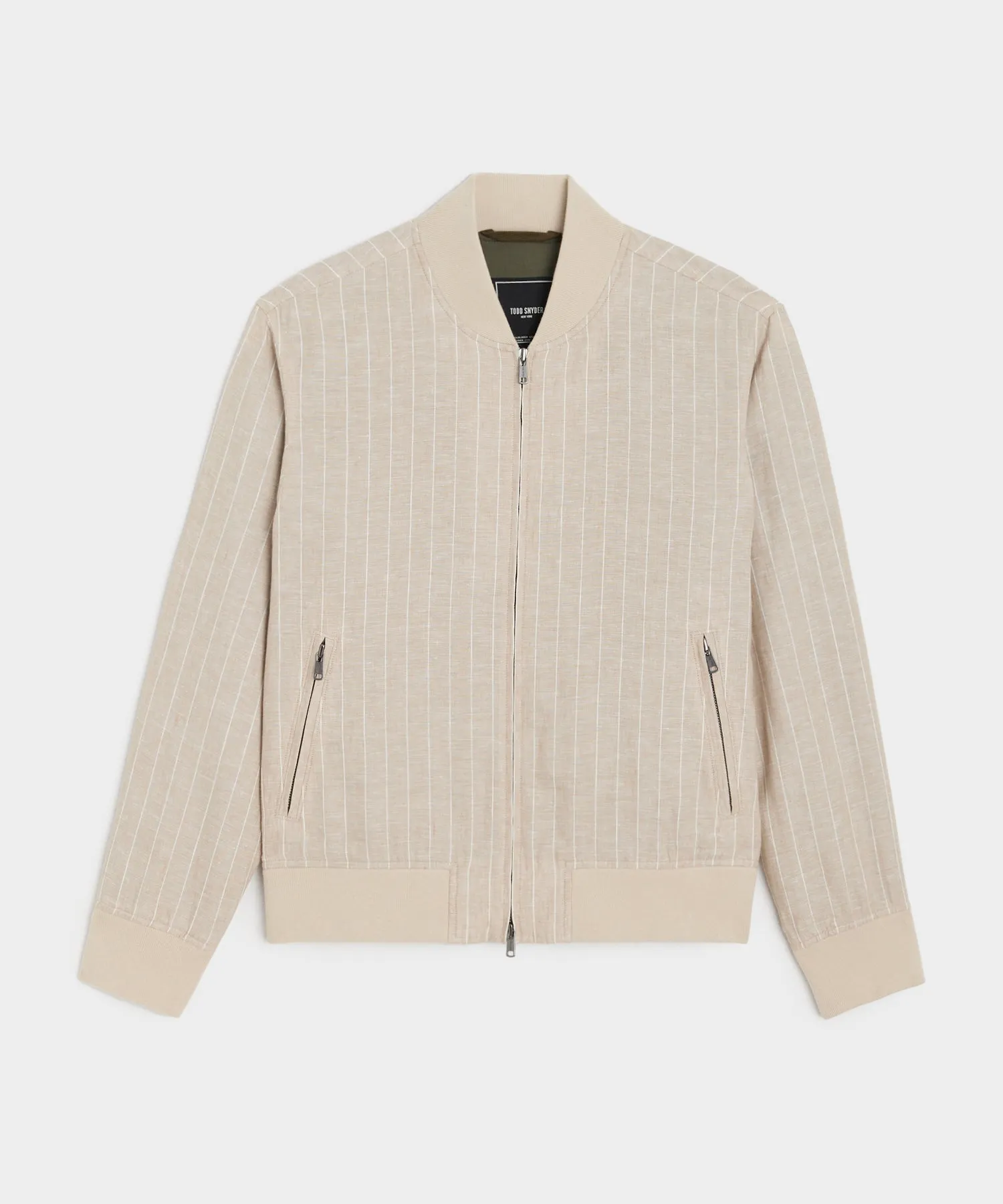 Italian Linen Varsity Jacket in Ecru Pinstripe