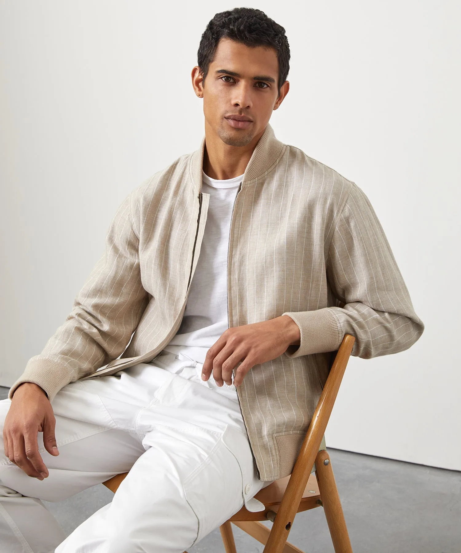 Italian Linen Varsity Jacket in Ecru Pinstripe