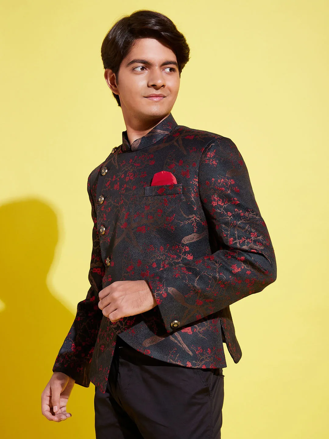 Jashvi Boys Maroon Woven Design Silk Blend Bandhgala Blazer