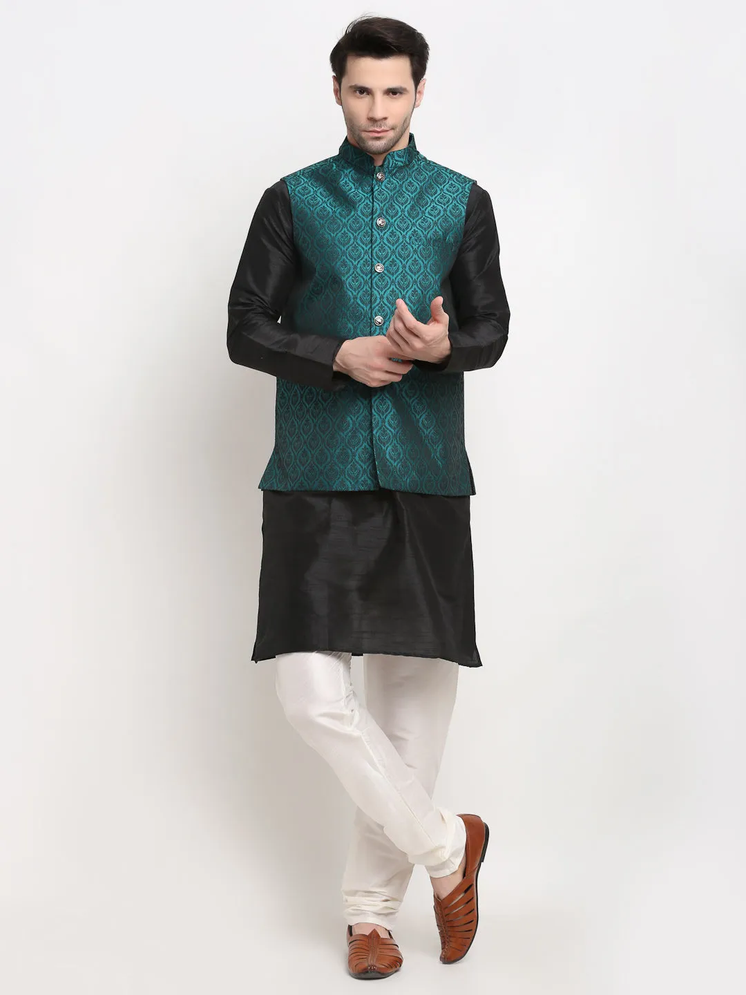 Jashvi Men's Black Dupion Silk Kurta with Churidar & Nehru Jacket