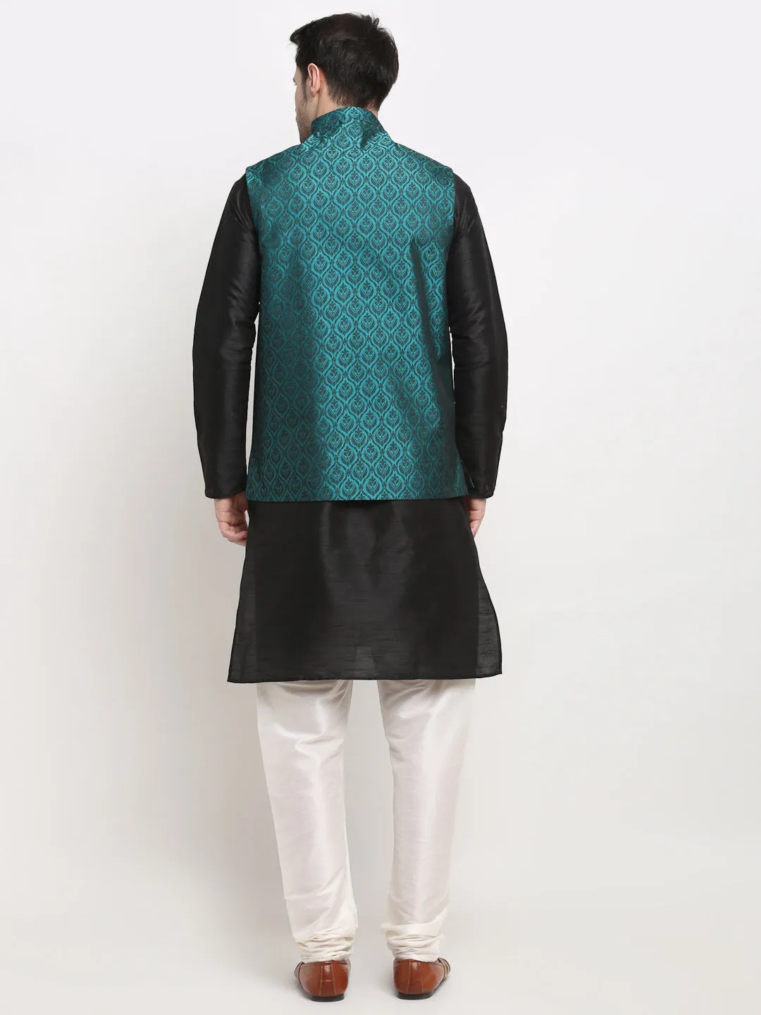 Jashvi Men's Black Dupion Silk Kurta with Churidar & Nehru Jacket