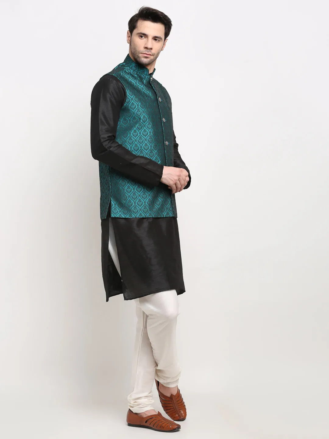 Jashvi Men's Black Dupion Silk Kurta with Churidar & Nehru Jacket