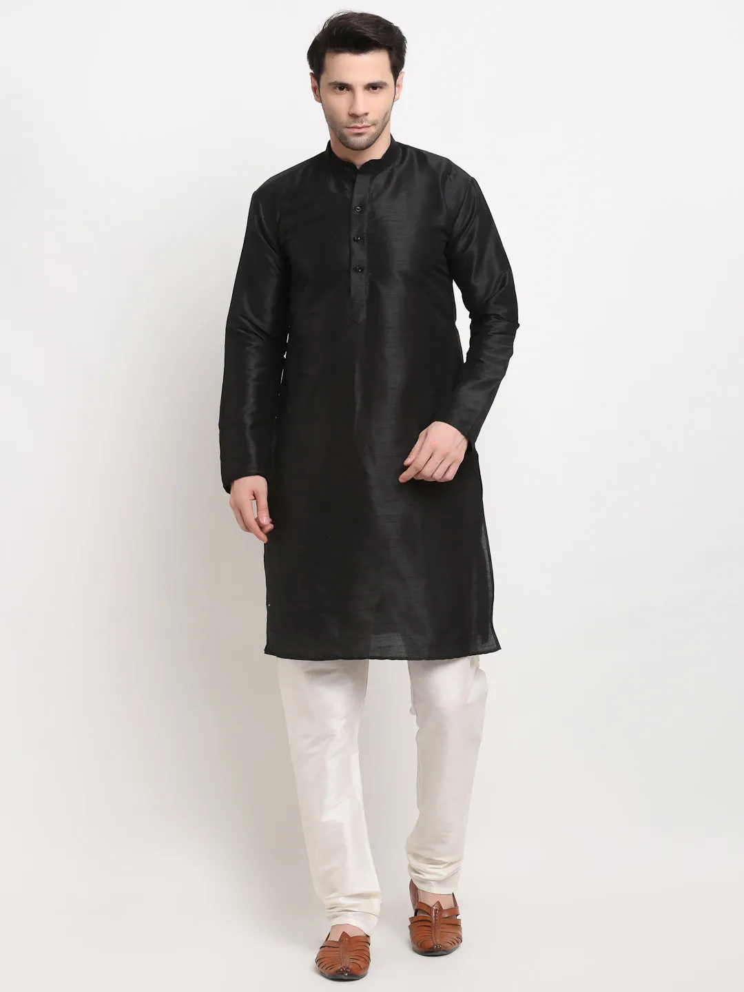 Jashvi Men's Black Dupion Silk Kurta with Churidar & Nehru Jacket