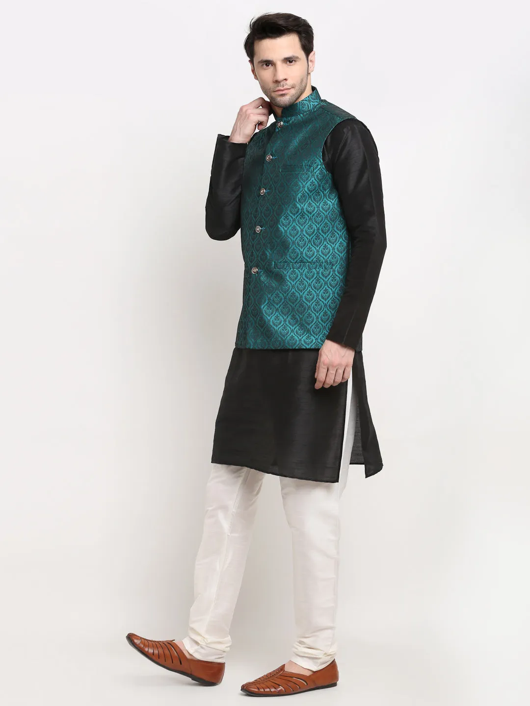 Jashvi Men's Black Dupion Silk Kurta with Churidar & Nehru Jacket