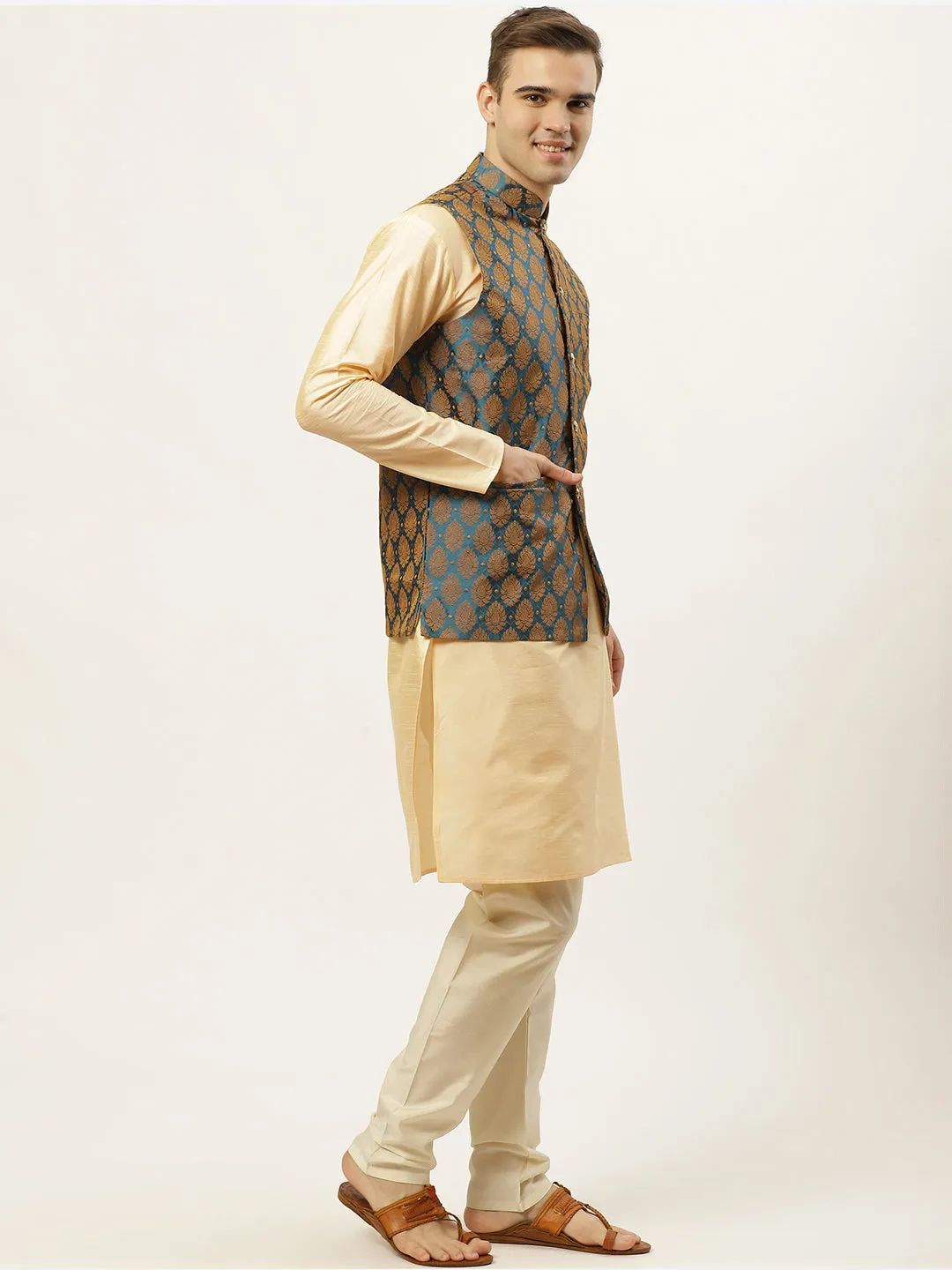 Jashvi Men's Golden Dupion Silk Kurta with Churidar & Nehru Jacket