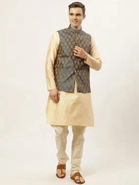 Jashvi Men's Golden Dupion Silk Kurta with Churidar & Nehru Jacket