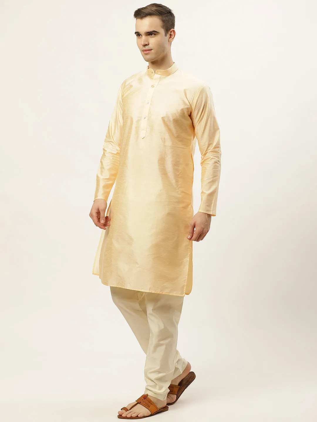 Jashvi Men's Golden Dupion Silk Kurta with Churidar & Nehru Jacket