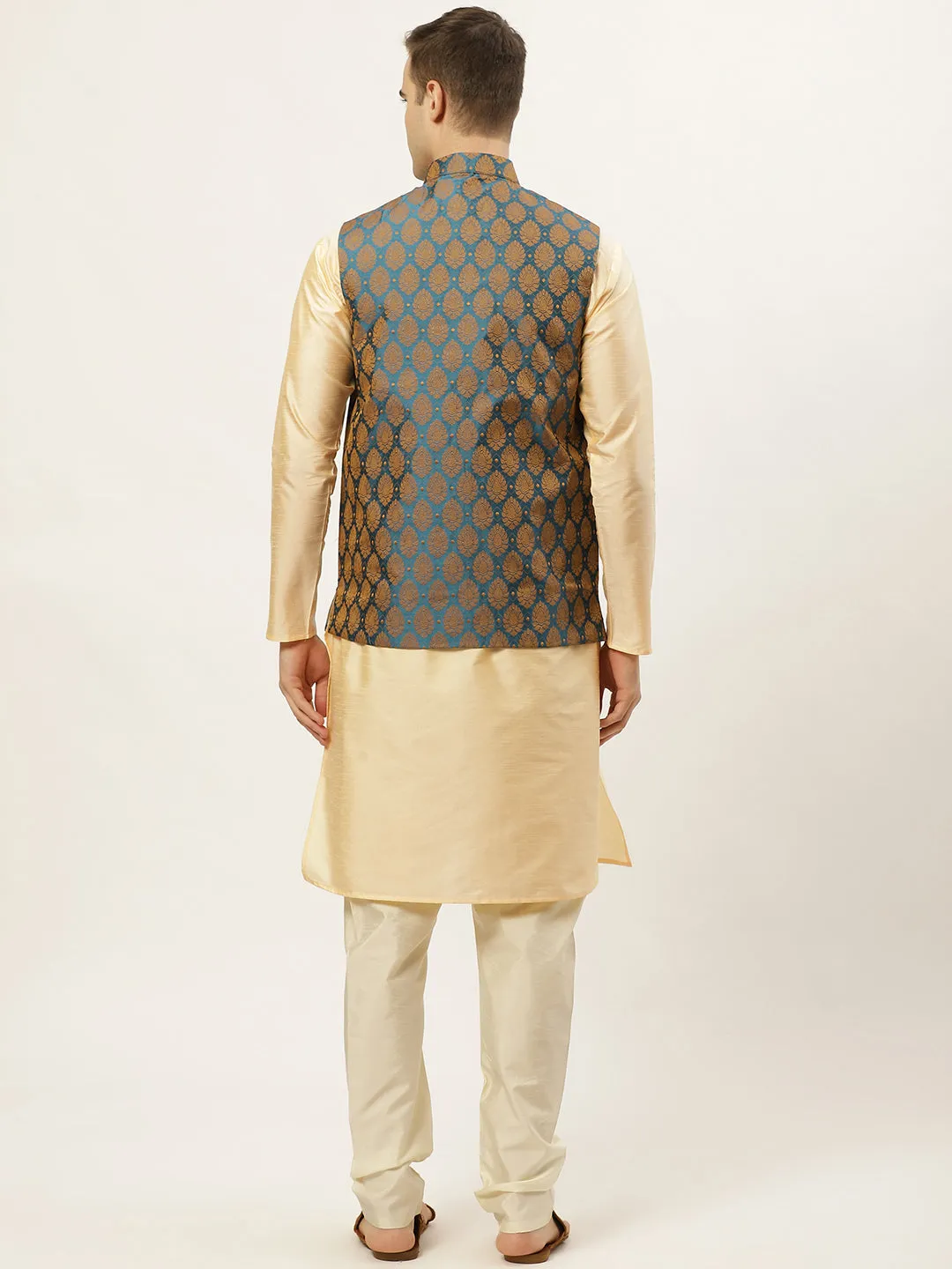 Jashvi Men's Golden Dupion Silk Kurta with Churidar & Nehru Jacket