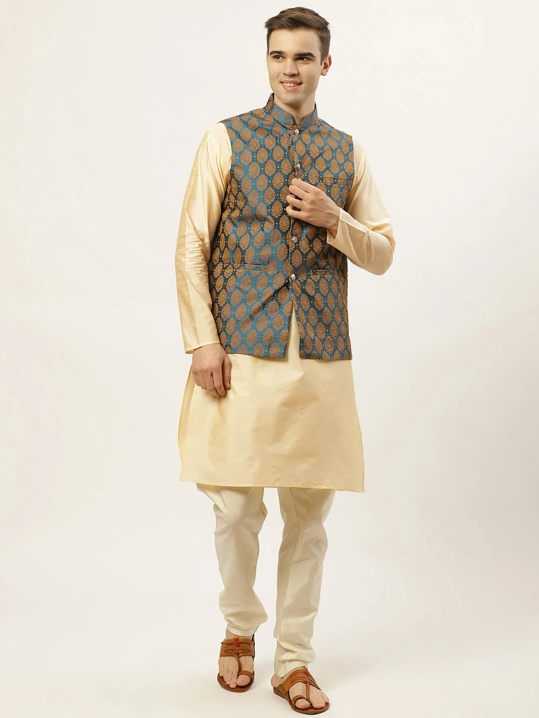 Jashvi Men's Golden Dupion Silk Kurta with Churidar & Nehru Jacket