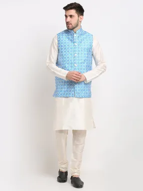 Jashvi Men's Ikat Print Nehru Jacket & Kurta Pyjama