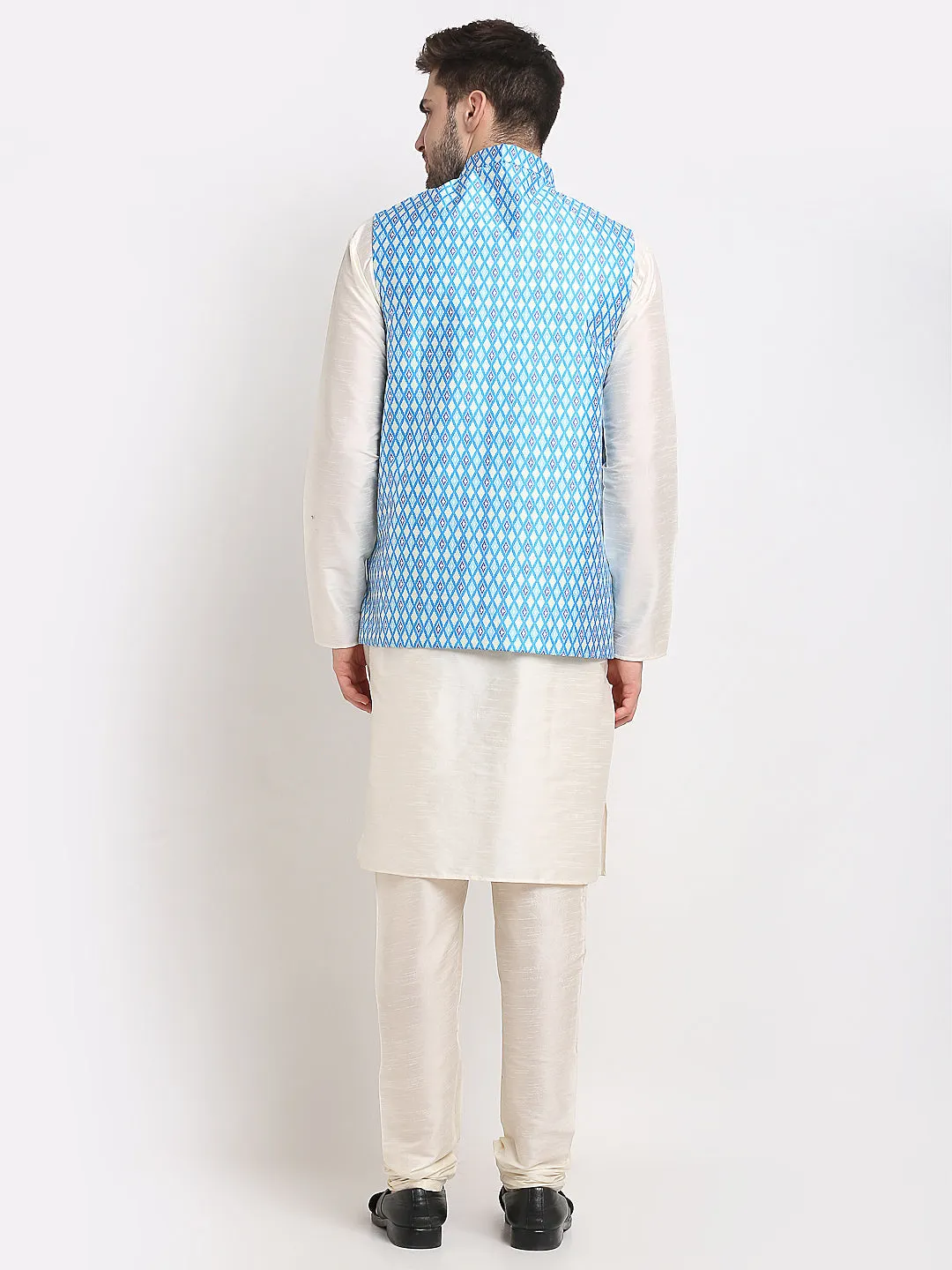 Jashvi Men's Ikat Print Nehru Jacket & Kurta Pyjama