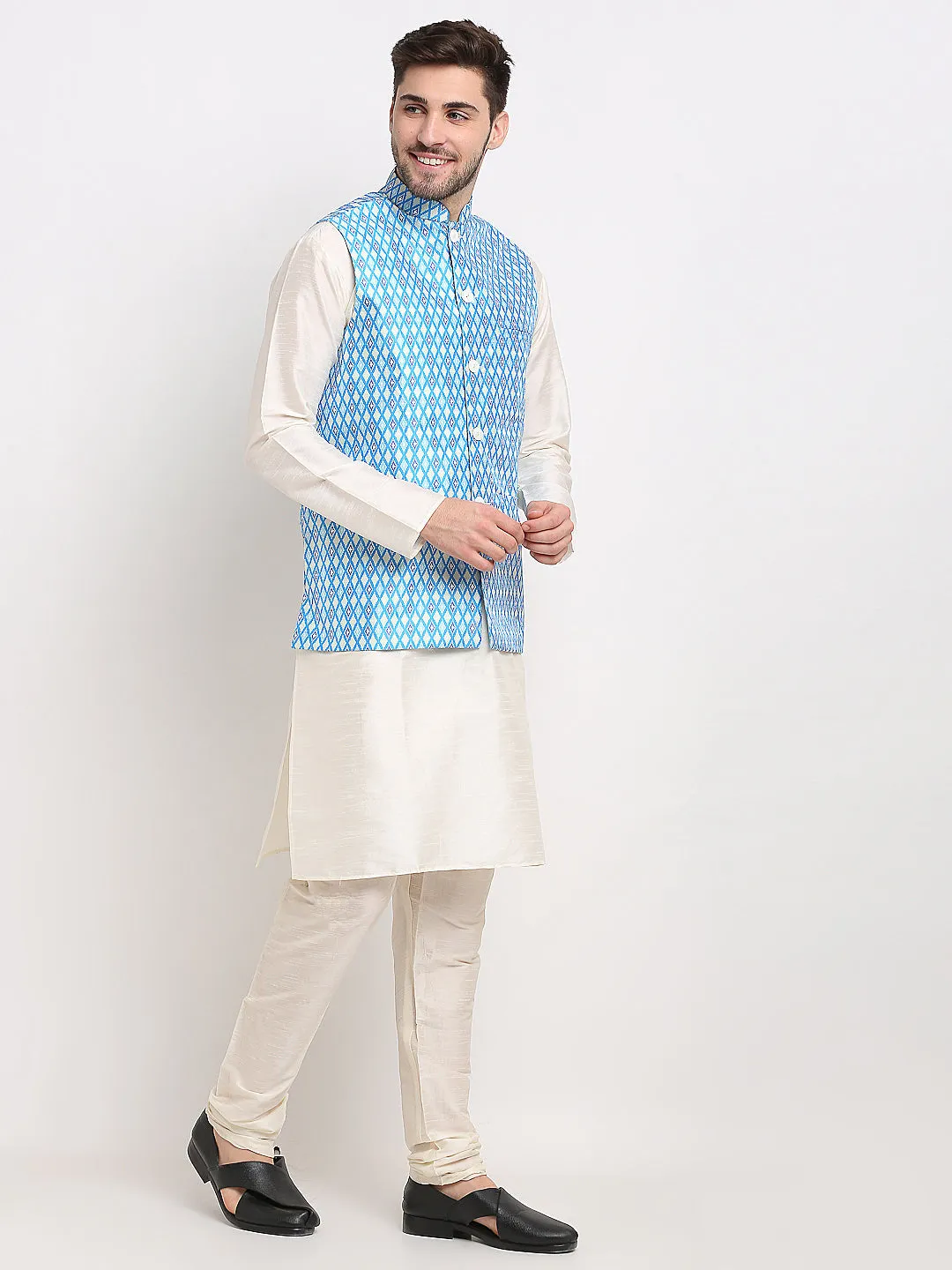 Jashvi Men's Ikat Print Nehru Jacket & Kurta Pyjama