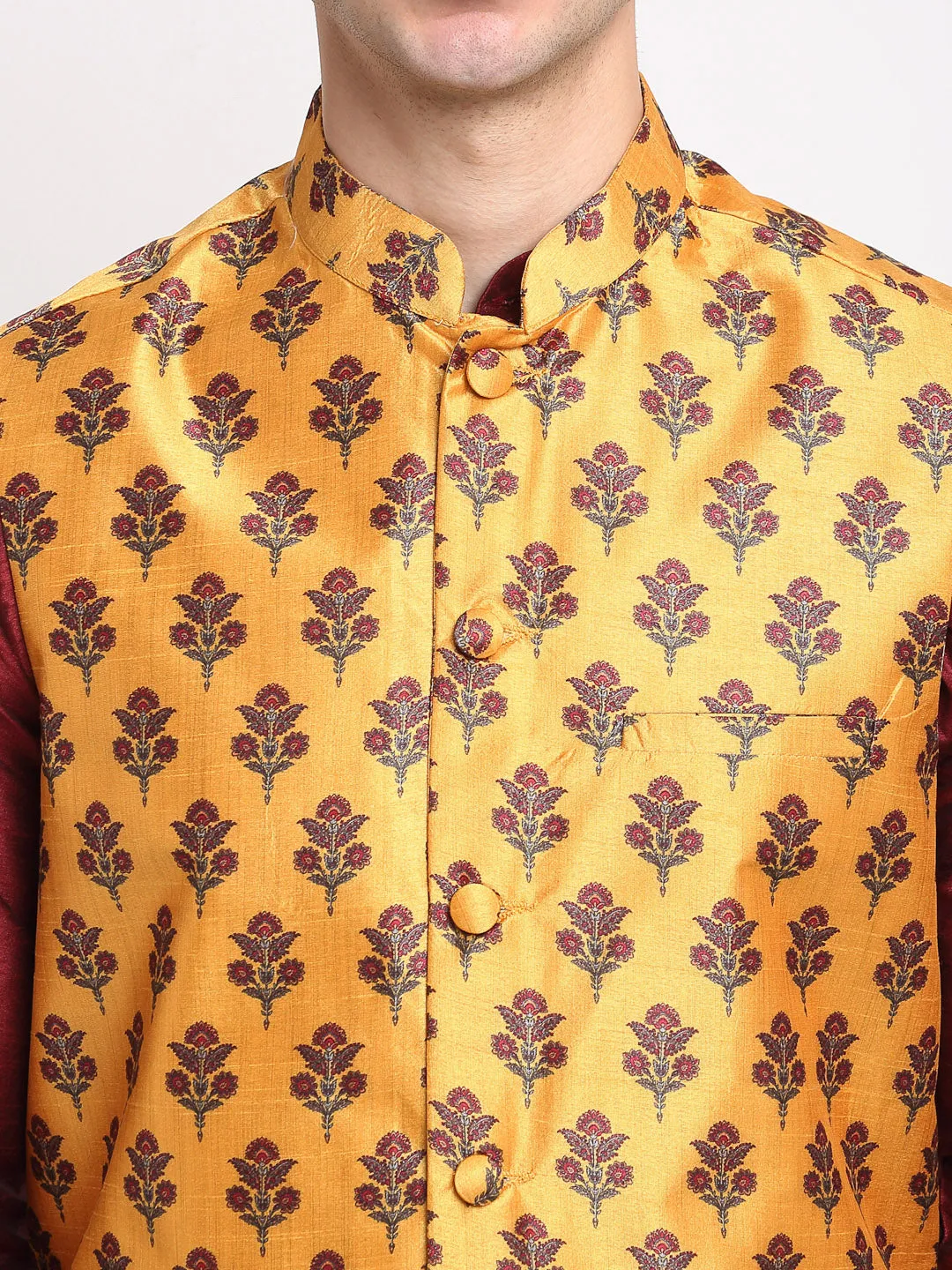 Jashvi Men's Maroon Dupion Silk Kurta with Churidar & Nehru Jacket