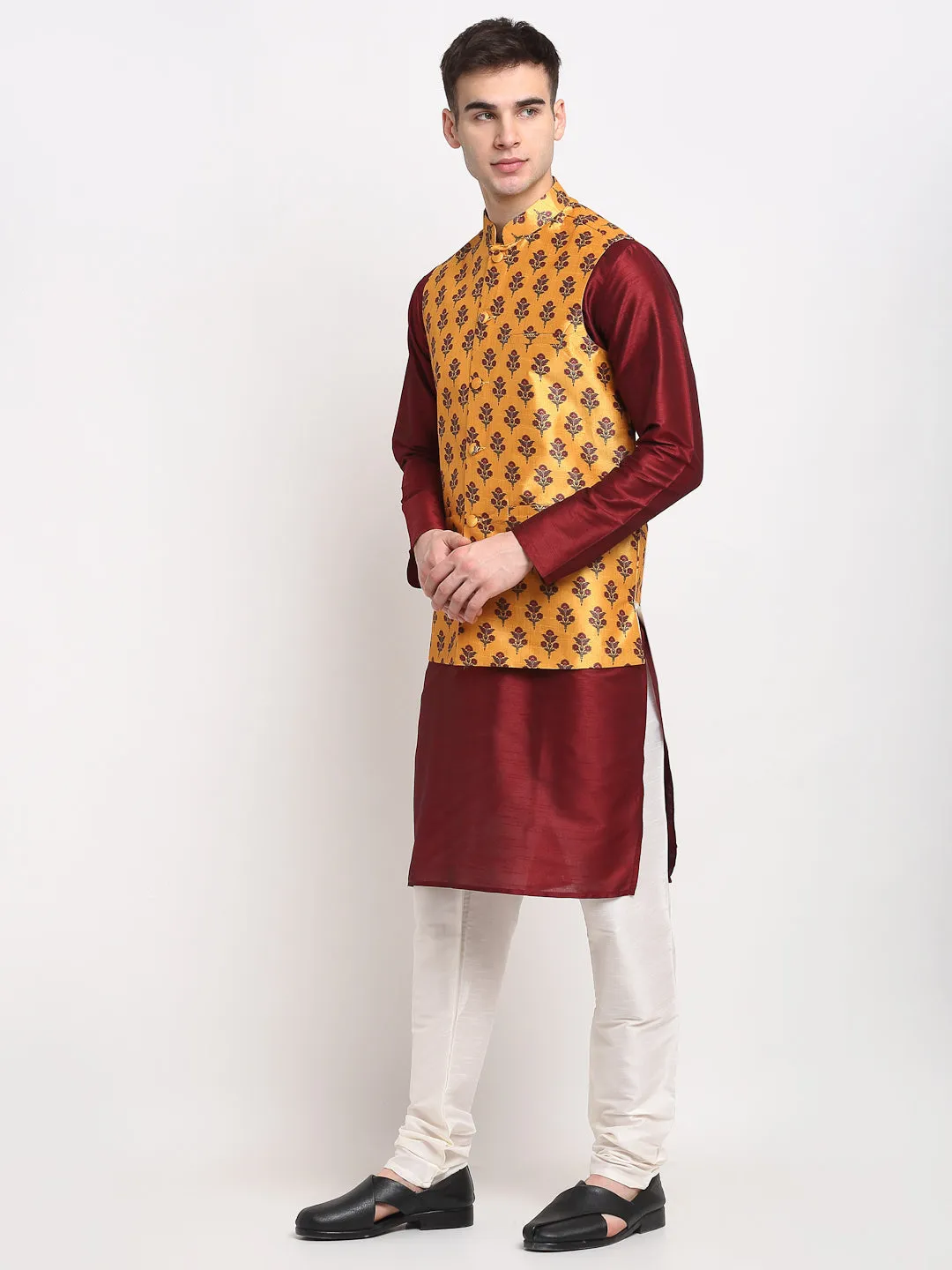 Jashvi Men's Maroon Dupion Silk Kurta with Churidar & Nehru Jacket