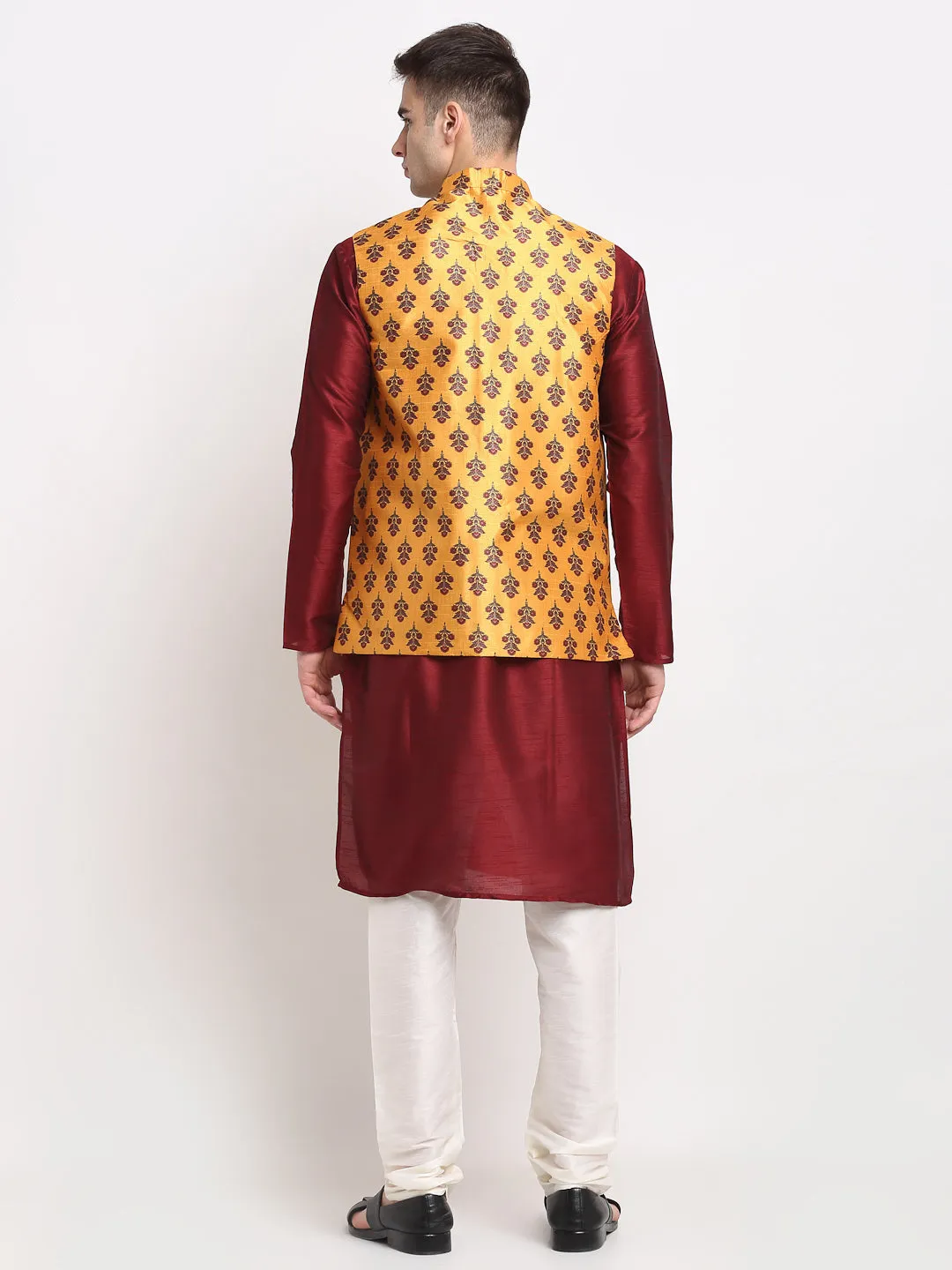 Jashvi Men's Maroon Dupion Silk Kurta with Churidar & Nehru Jacket