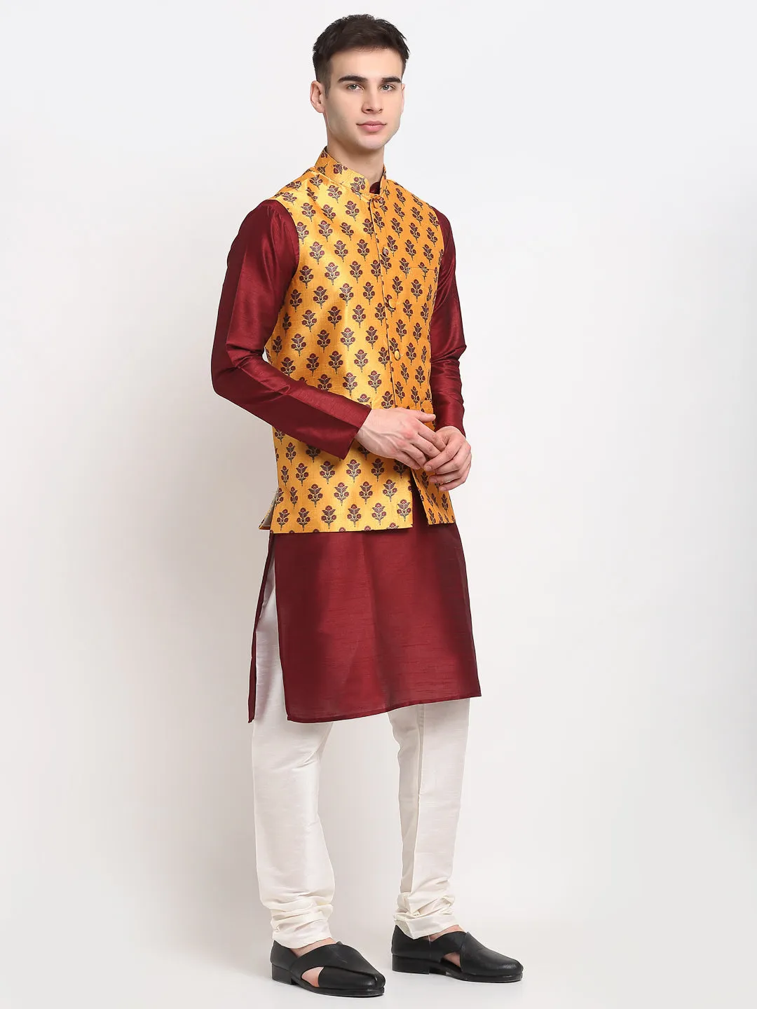 Jashvi Men's Maroon Dupion Silk Kurta with Churidar & Nehru Jacket