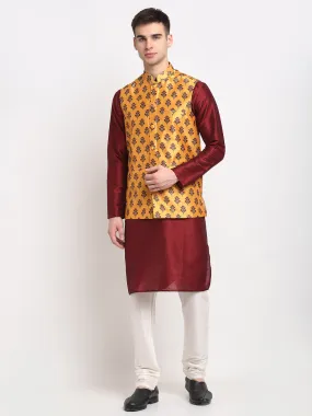 Jashvi Men's Maroon Dupion Silk Kurta with Churidar & Nehru Jacket