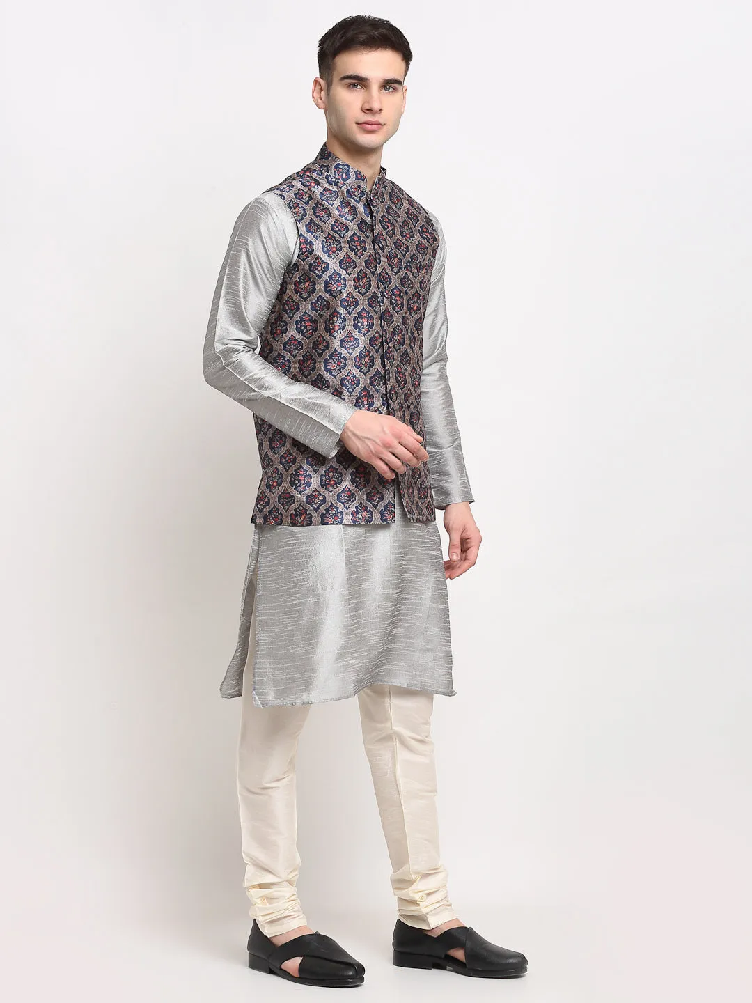 Jashvi Men's Silver Dupion Silk Kurta with Churidar & Nehru Jacket