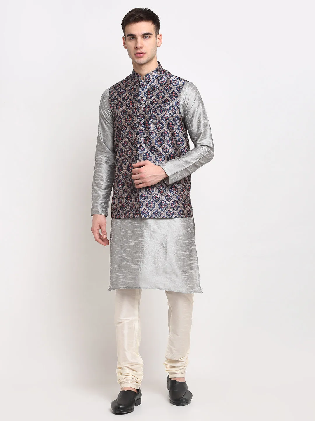 Jashvi Men's Silver Dupion Silk Kurta with Churidar & Nehru Jacket