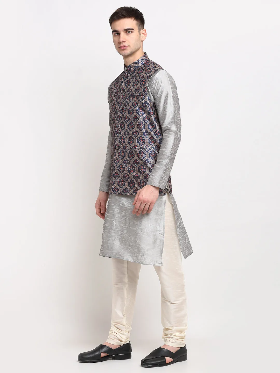 Jashvi Men's Silver Dupion Silk Kurta with Churidar & Nehru Jacket