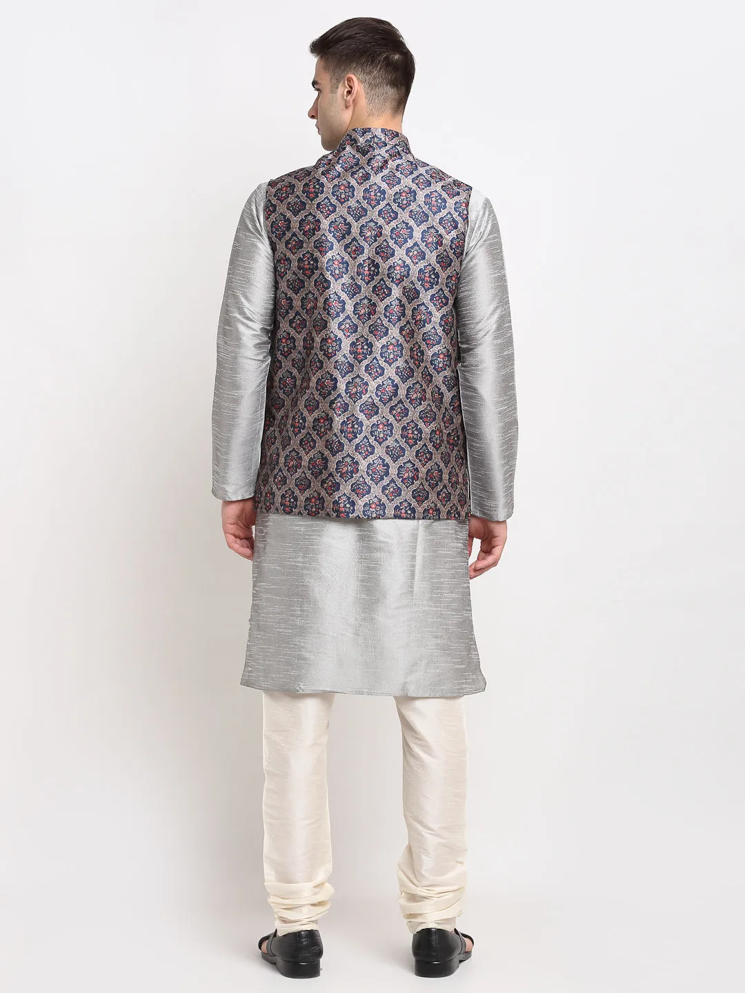 Jashvi Men's Silver Dupion Silk Kurta with Churidar & Nehru Jacket