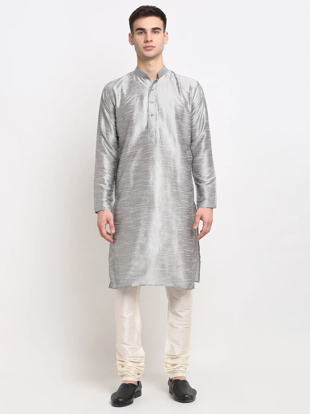 Jashvi Men's Silver Dupion Silk Kurta with Churidar & Nehru Jacket