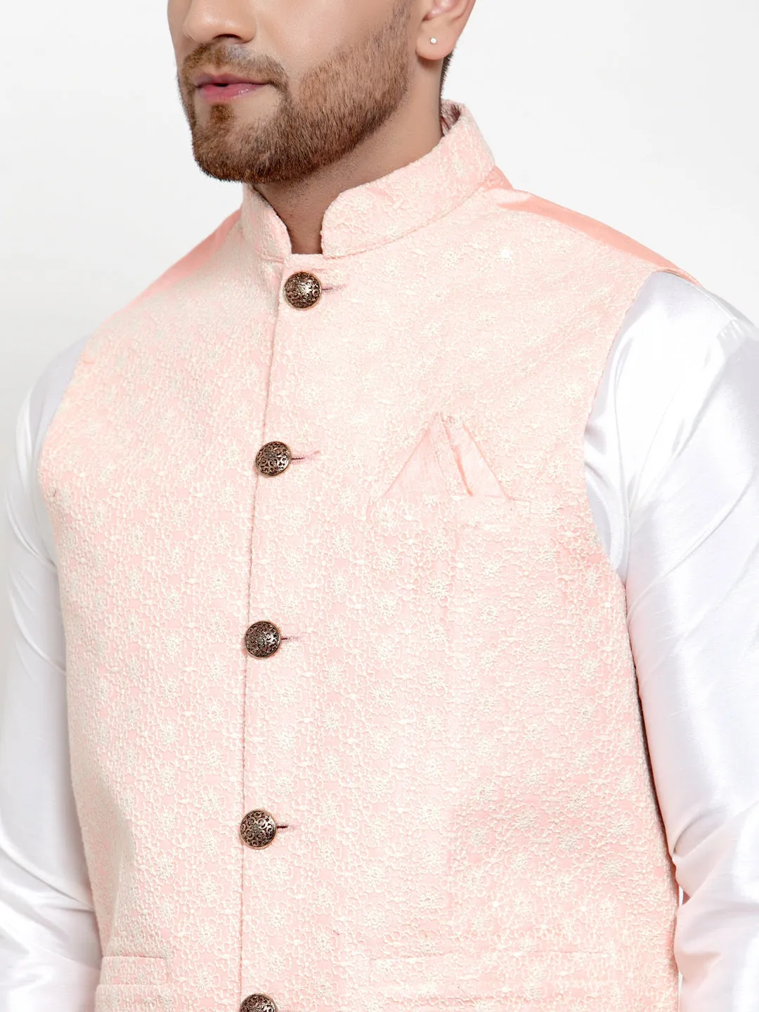 Jashvi Men's Solid Dupion Kurta Pajama with Embroiderd Nehru Jacket