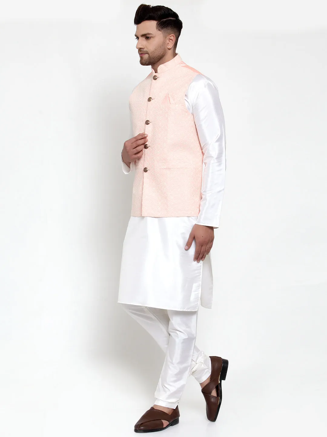 Jashvi Men's Solid Dupion Kurta Pajama with Embroiderd Nehru Jacket