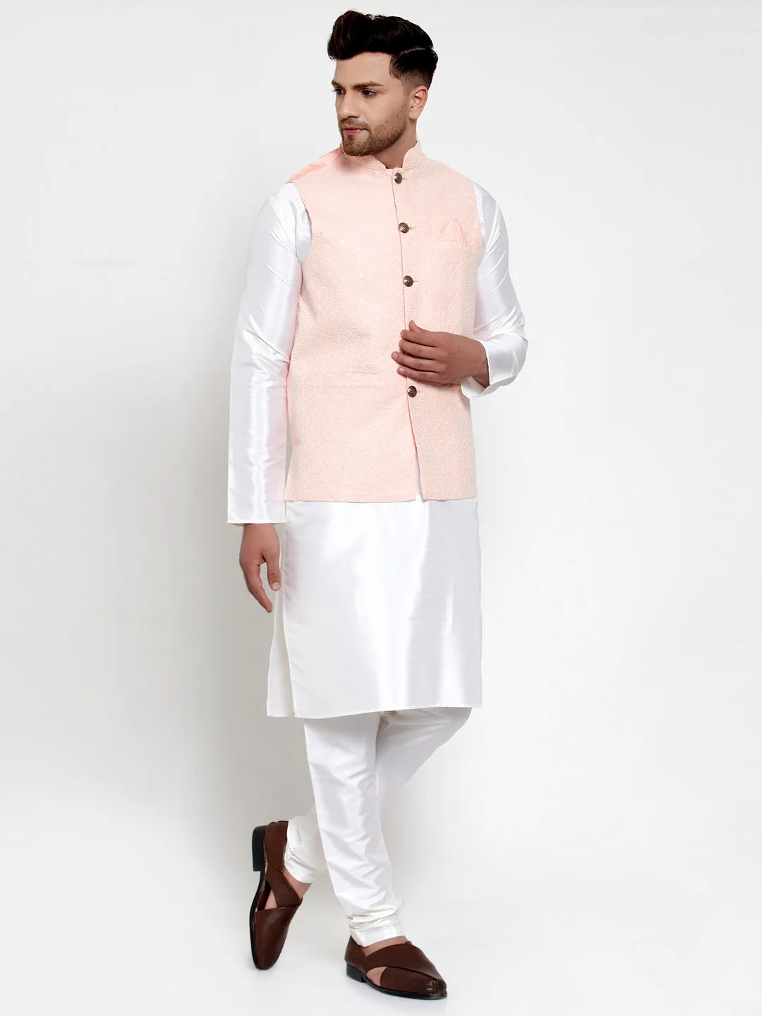 Jashvi Men's Solid Dupion Kurta Pajama with Embroiderd Nehru Jacket