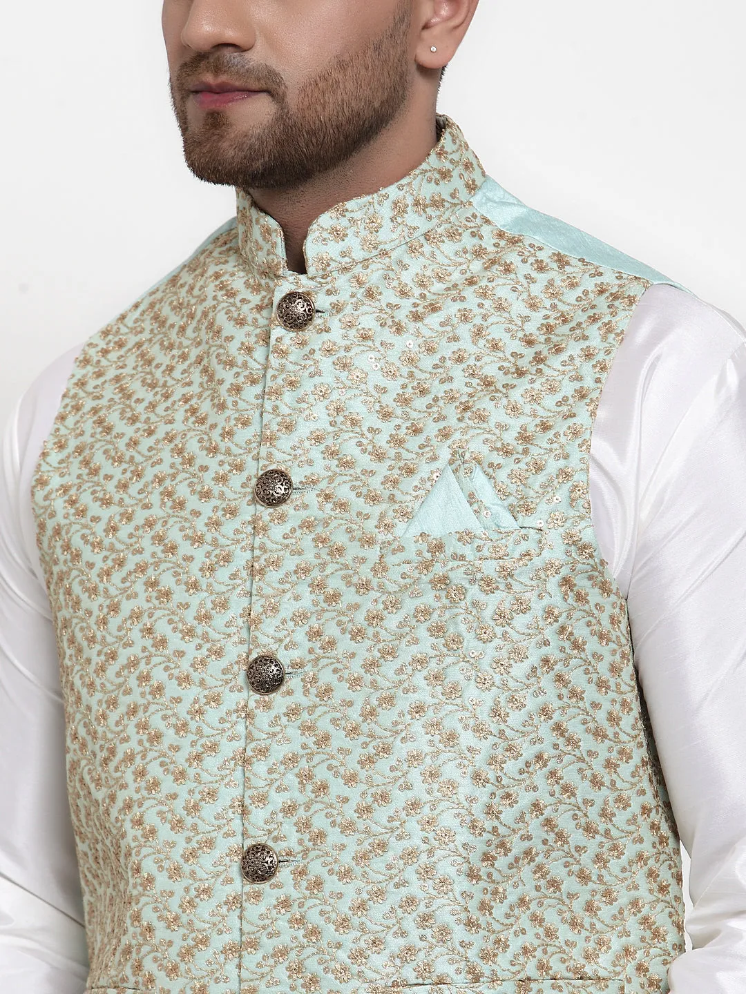 Jashvi Men's Solid Dupion Kurta Pajama with Embroidered Nehru Jacket