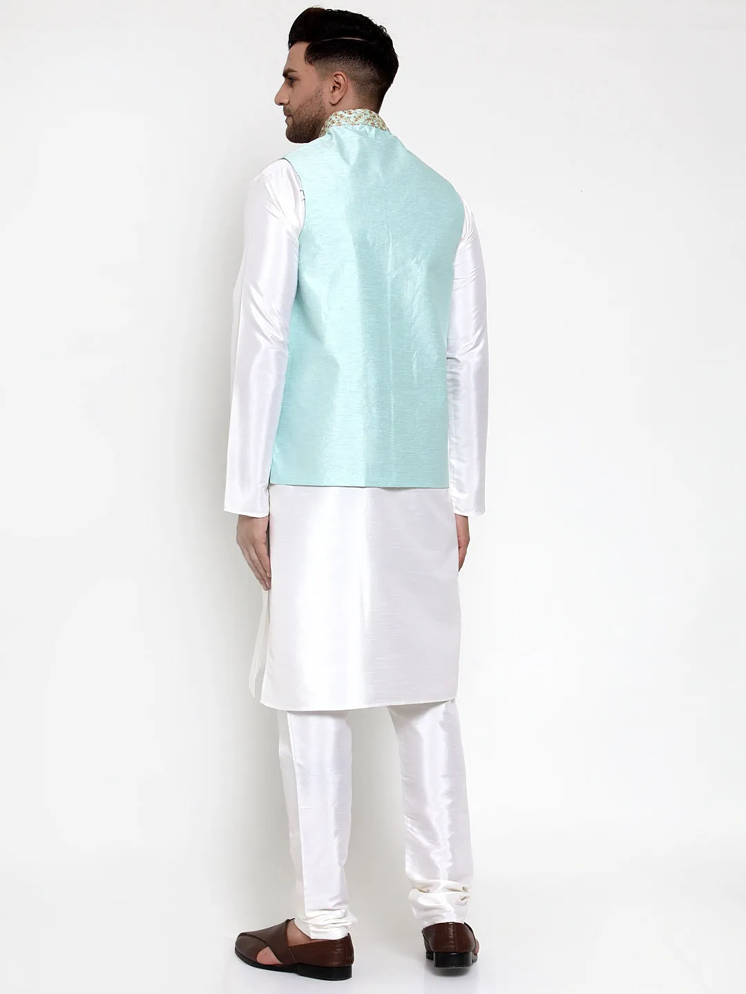 Jashvi Men's Solid Dupion Kurta Pajama with Embroidered Nehru Jacket