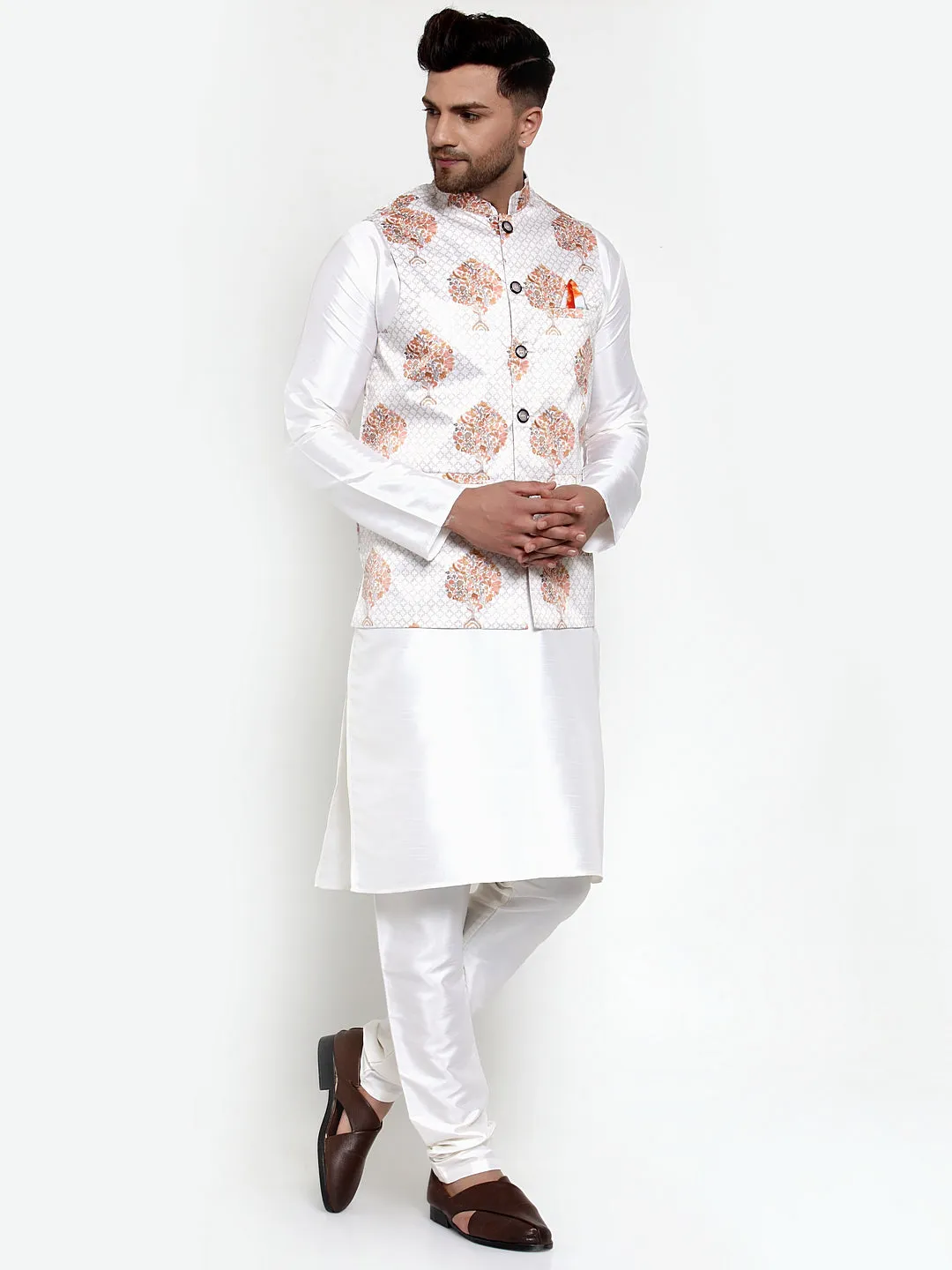 Jashvi Men's Solid Dupion Kurta Pajama with Printed Nehru Jacket