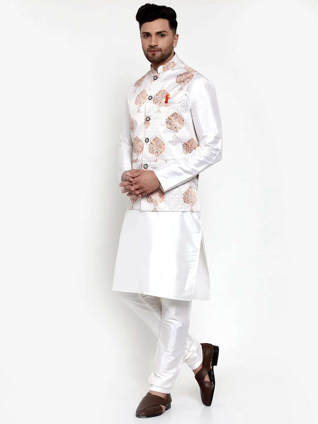 Jashvi Men's Solid Dupion Kurta Pajama with Printed Nehru Jacket