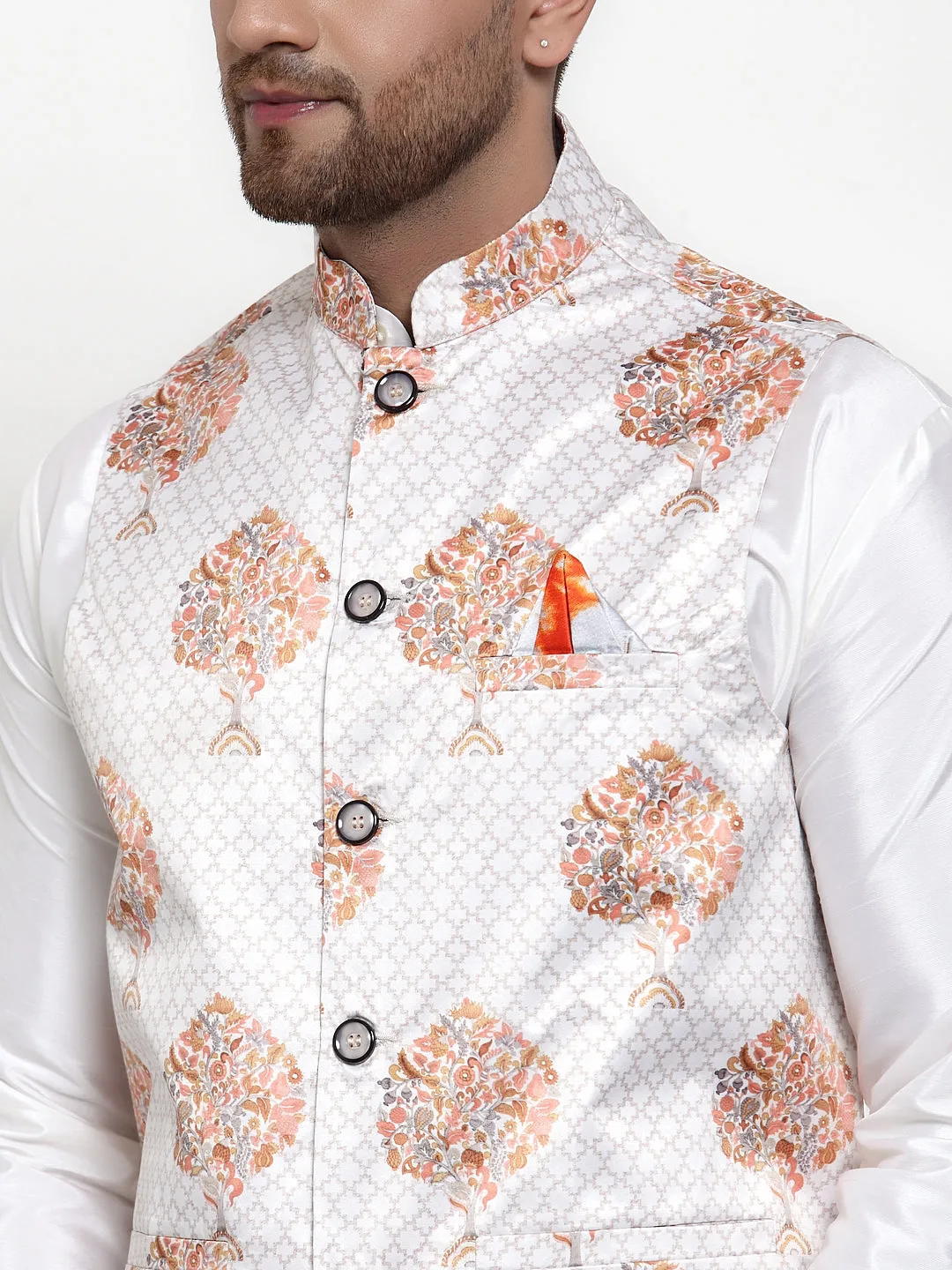 Jashvi Men's Solid Dupion Kurta Pajama with Printed Nehru Jacket