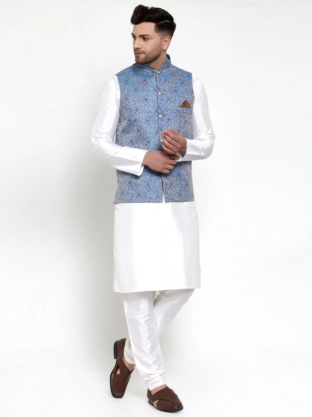 Jashvi Men's Solid Dupion Kurta Pajama with Woven Jacqaurd Nehru Jacket