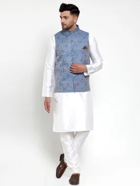 Jashvi Men's Solid Dupion Kurta Pajama with Woven Jacqaurd Nehru Jacket