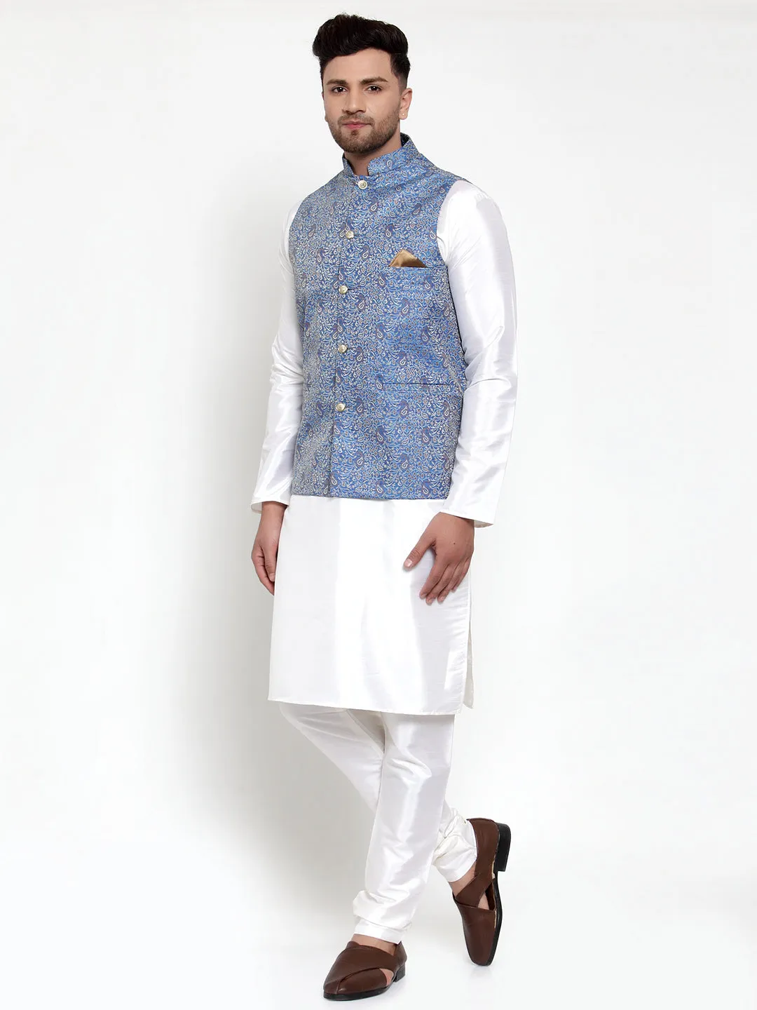 Jashvi Men's Solid Dupion Kurta Pajama with Woven Jacqaurd Nehru Jacket